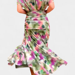 Long multicolor floral dress with off-shoulder back and full flared skirt