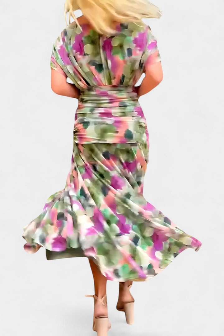 Long multicolor floral dress with off-shoulder back and full flared skirt