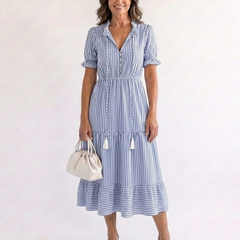 Sky blue striped tiered midi dress, short puff sleeves and V-neck with tassel ties