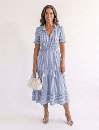 Sky blue striped tiered midi dress, short puff sleeves and V-neck with tassel ties
