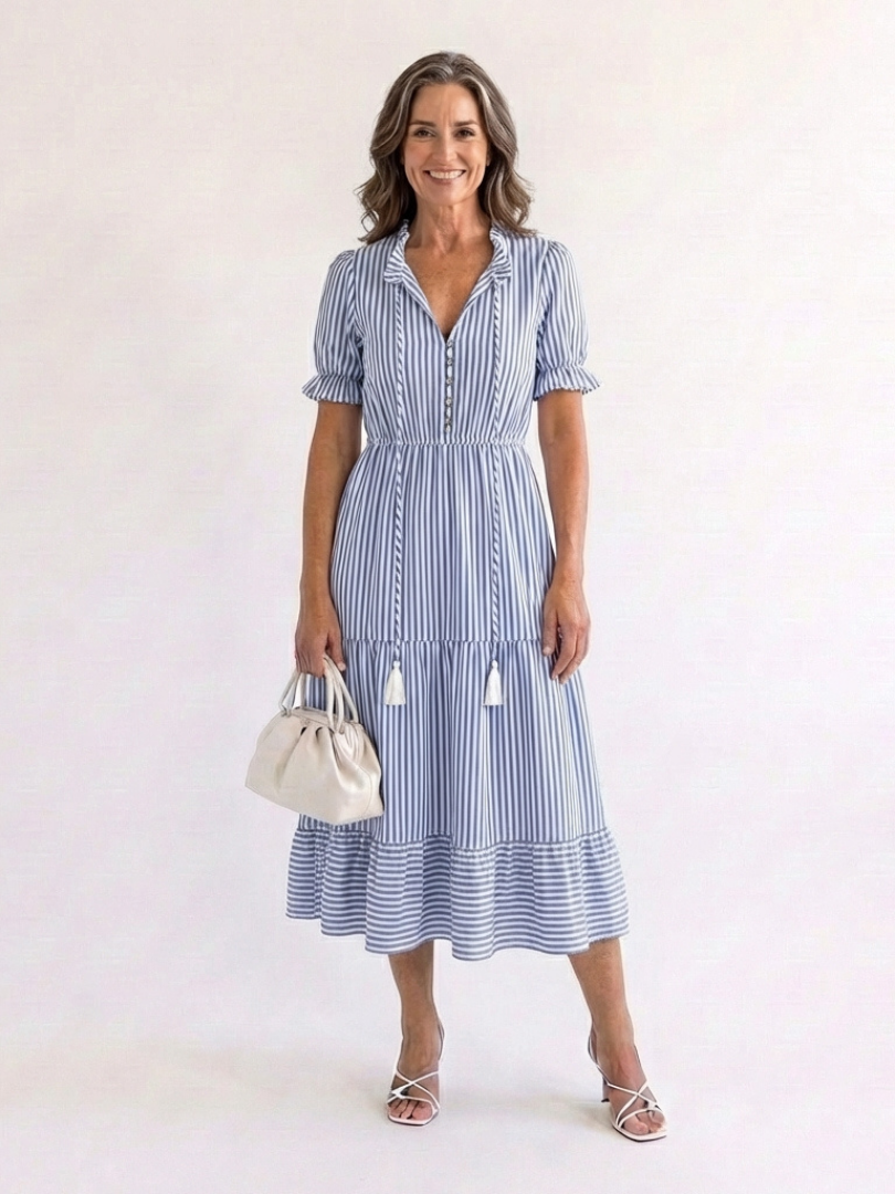 Sky blue striped tiered midi dress, short puff sleeves and V-neck with tassel ties