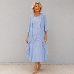 Blue chiffon two-piece dress with lace panel and layered ruffle hem, midi length