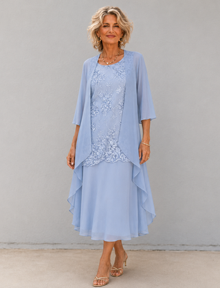 Blue chiffon two-piece dress with lace panel and layered ruffle hem, midi length