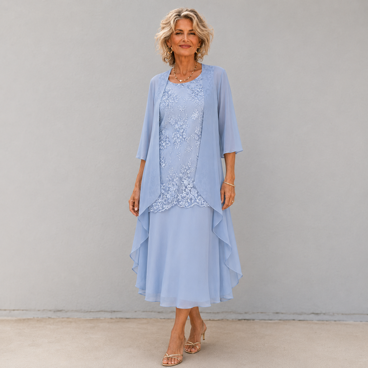 Blue chiffon two-piece dress with lace panel and layered ruffle hem, midi length