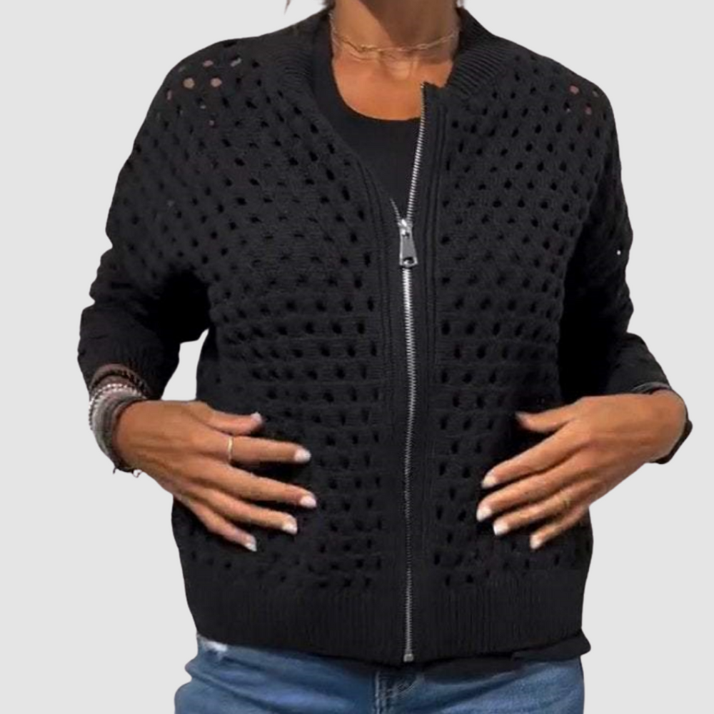 Black knitted cardigan with full-zip front, raised dot grid texture, ribbed hem and cuffs