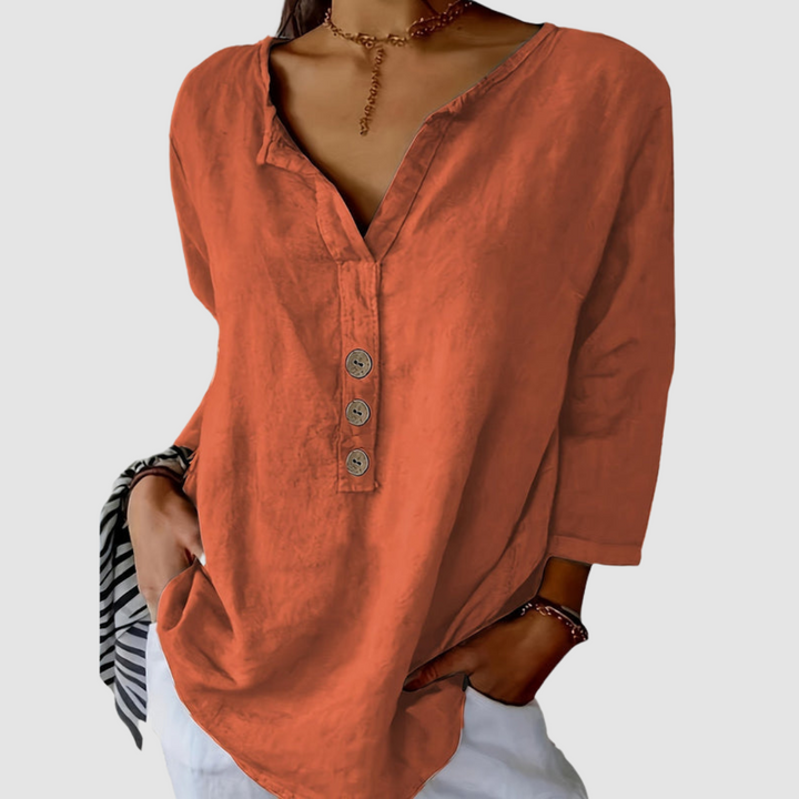 Orange rust cotton-linen blouse with V-neck and three-button front, 3/4 sleeves