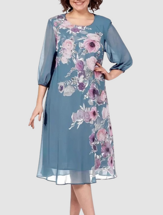 Light blue floral midi dress with sheer 3/4 sleeves and round neckline