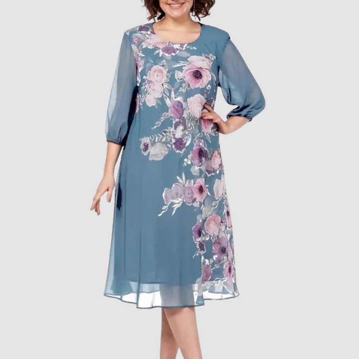 Light blue floral midi dress with sheer 3/4 sleeves and round neckline