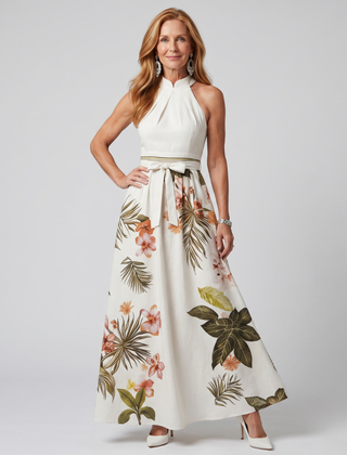 White draped halter botanical maxi dress with gathered waist and flowing skirt