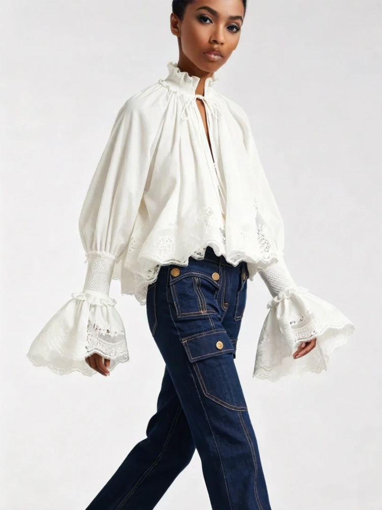 Vivienne blouse in white with high ruffled collar, gathered cuffs, lace panel front