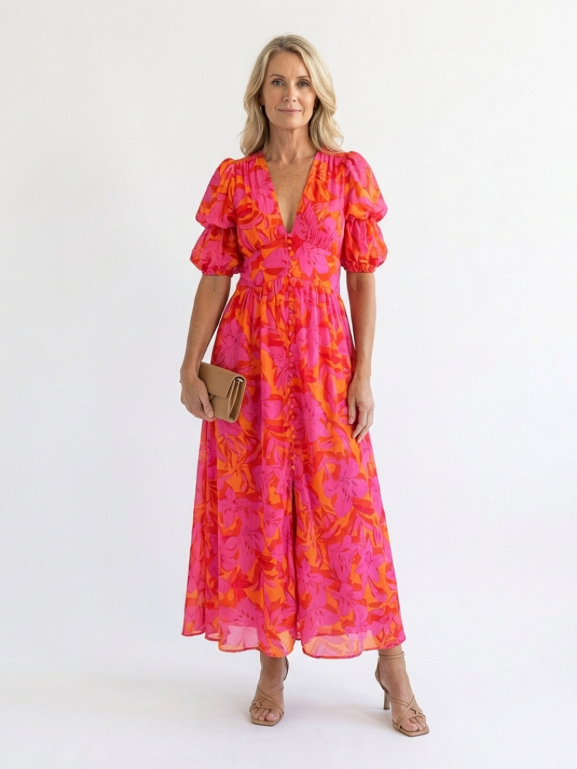 Pink floral V-neck midi dress with puff sleeves and gathered waist