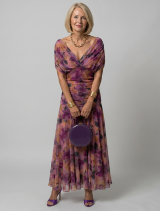 Purple off-shoulder flow midi dress with twist-front bodice and tiered skirt