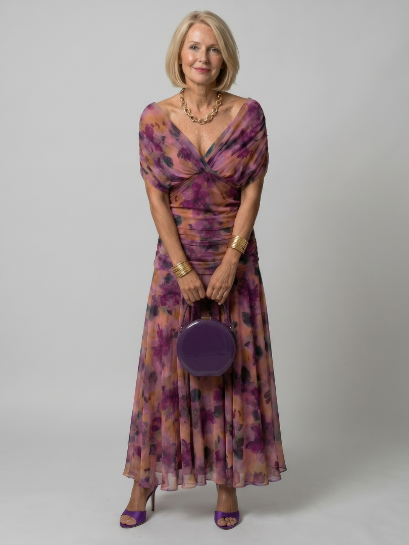 Purple off-shoulder flow midi dress with twist-front bodice and tiered skirt