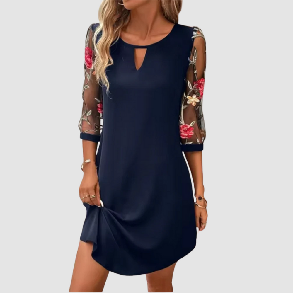 Dark blue floral print summer dress with three-quarter sleeves and keyhole neck cutout