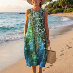 Green ocean mosaic midi dress, sleeveless with round neckline, colorful circular print