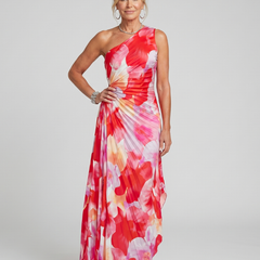 One-shoulder pleated midi dress in red, pink, and cream floral print