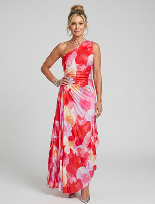 One-shoulder pleated midi dress in red, pink, and cream floral print