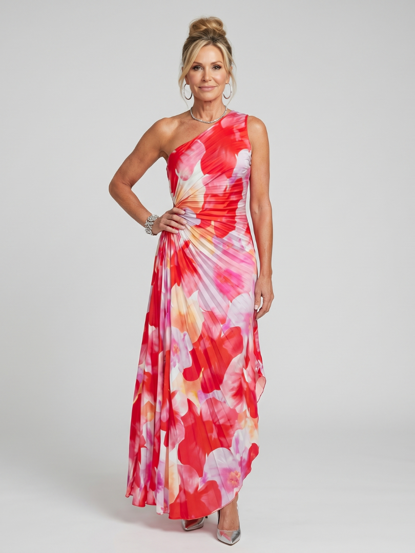 One-shoulder pleated midi dress in red, pink, and cream floral print