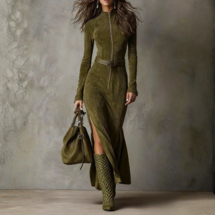 Olive suede maxi dress with front zip, belt, long sleeves, and side slit