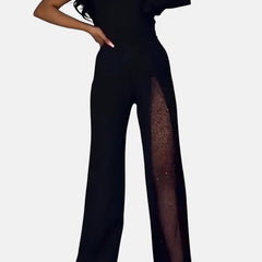 Black modern jumpsuit with wide legs, short sleeves, V-neck