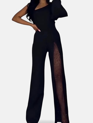 Black modern jumpsuit with wide legs, short sleeves, V-neck