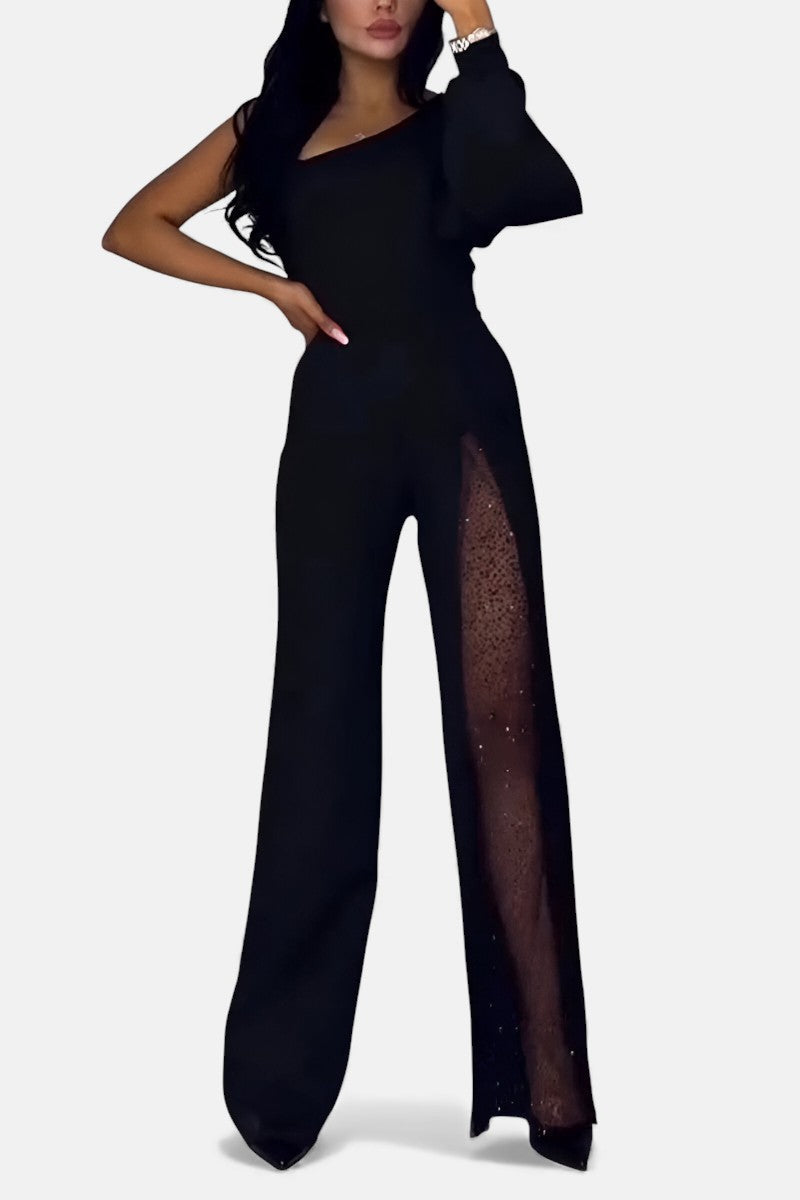Black modern jumpsuit with wide legs, short sleeves, V-neck