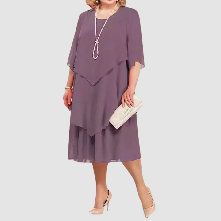 Light purple chiffon midi dress with layered ruffle front and short-sleeve overlay