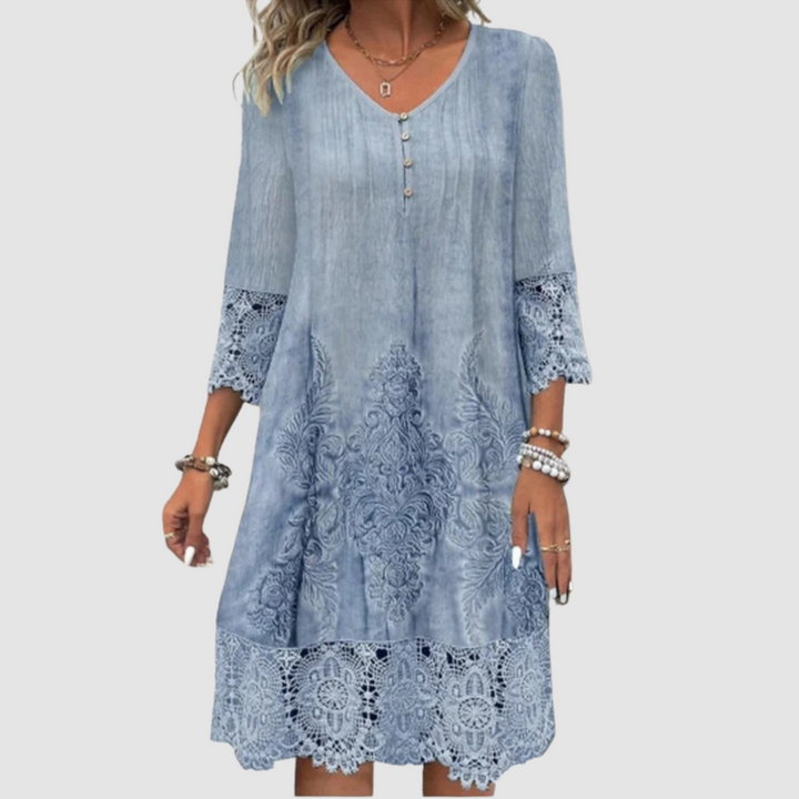 Jacquelin™ elegant lace dress in blue, 3/4 sleeves with crochet hem