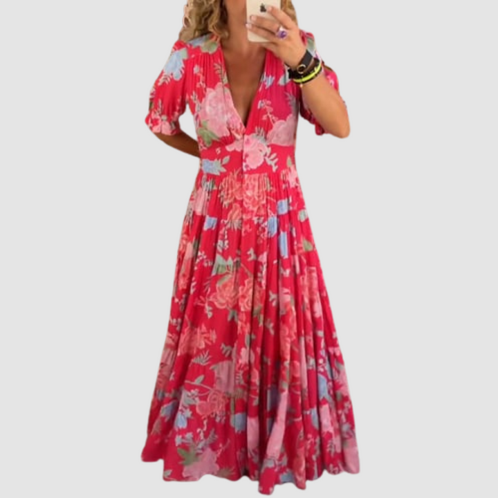 Red long floral dress with V-neck, short puff sleeves, tiered skirt