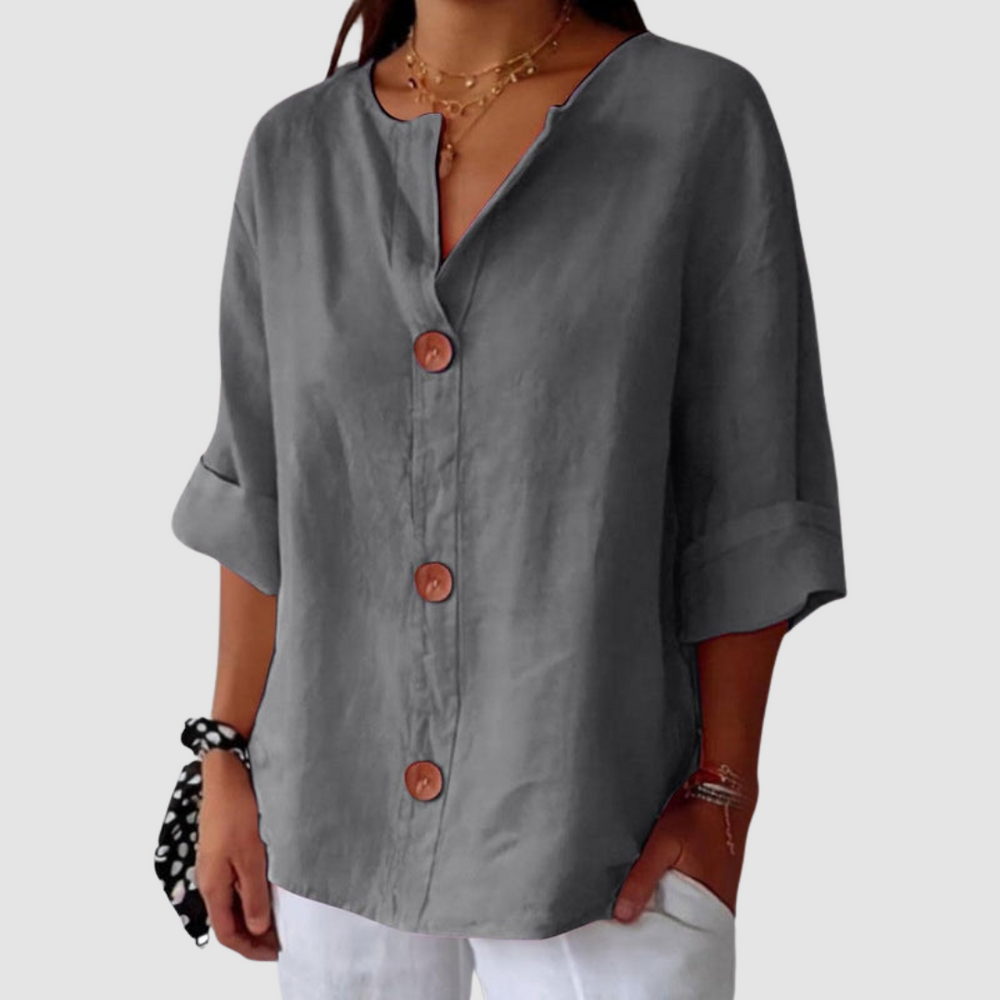 Casual linen blouse in gray with V-neck, button front, and short sleeves