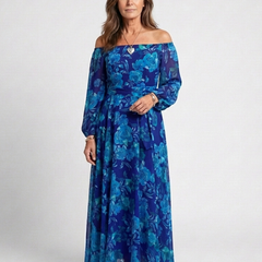 Blue floral off-shoulder maxi dress with long sleeves and tiered skirt