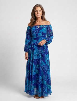 Blue floral off-shoulder maxi dress with long sleeves and tiered skirt