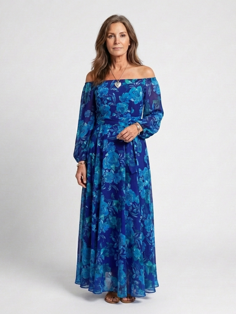 Blue floral off-shoulder maxi dress with long sleeves and tiered skirt