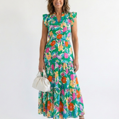 Floral V-neck tiered midi dress with short ruffle sleeves, teal base with multicolor flowers