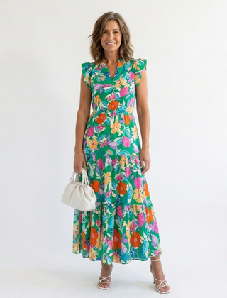 Floral V-neck tiered midi dress with short ruffle sleeves, teal base with multicolor flowers