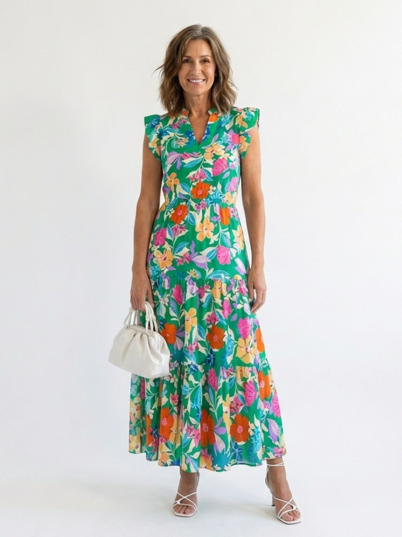 Floral V-neck tiered midi dress with short ruffle sleeves, teal base with multicolor flowers