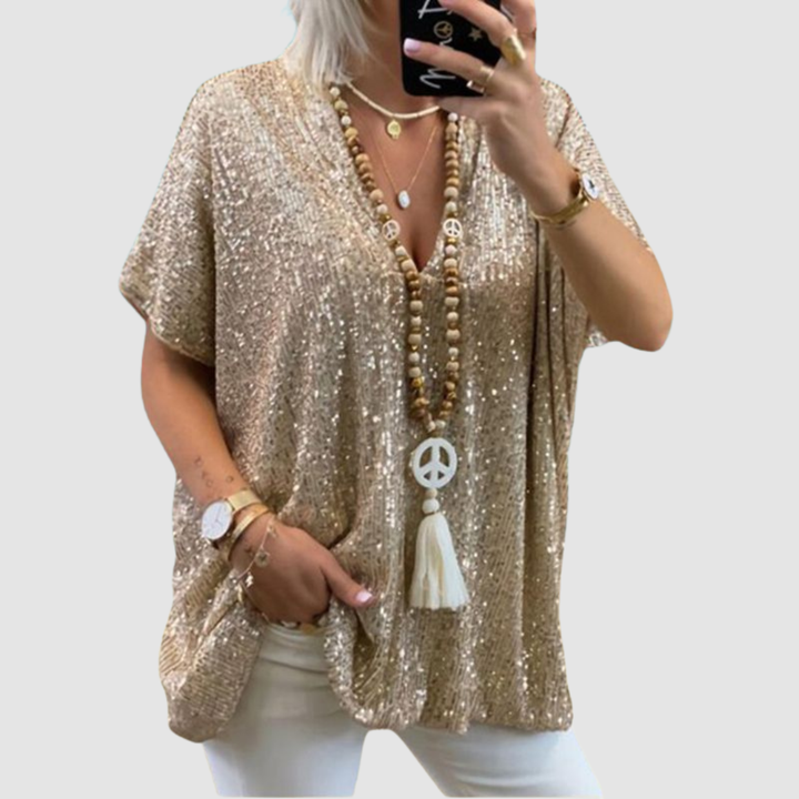 Gold sequin V-neck short-sleeve top with loose drape