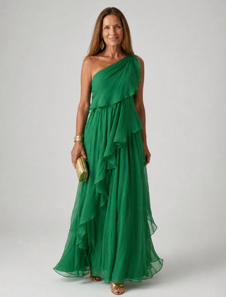 Green one-shoulder maxi dress with layered ruffles and flowing chiffon skirt