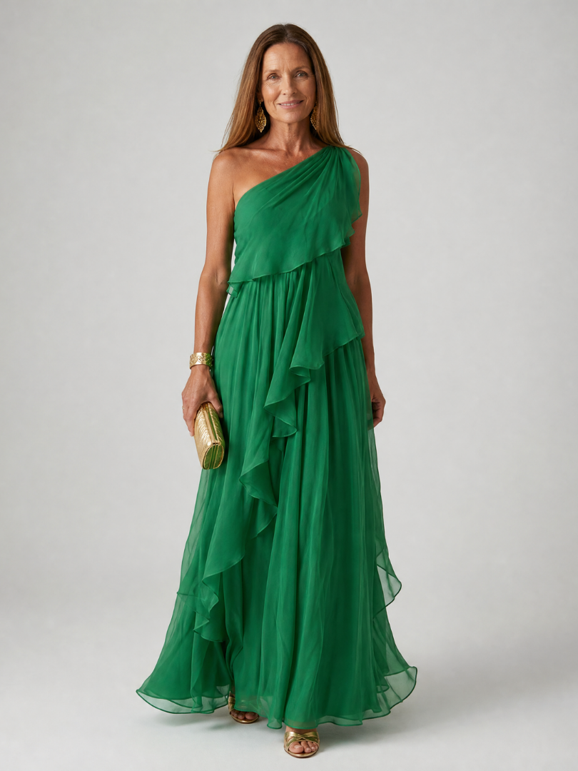 Green one-shoulder maxi dress with layered ruffles and flowing chiffon skirt
