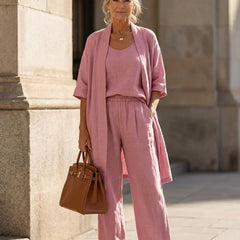 Lorrin™ elegant set in pink: long open short-sleeve outer over top and wide-leg pants