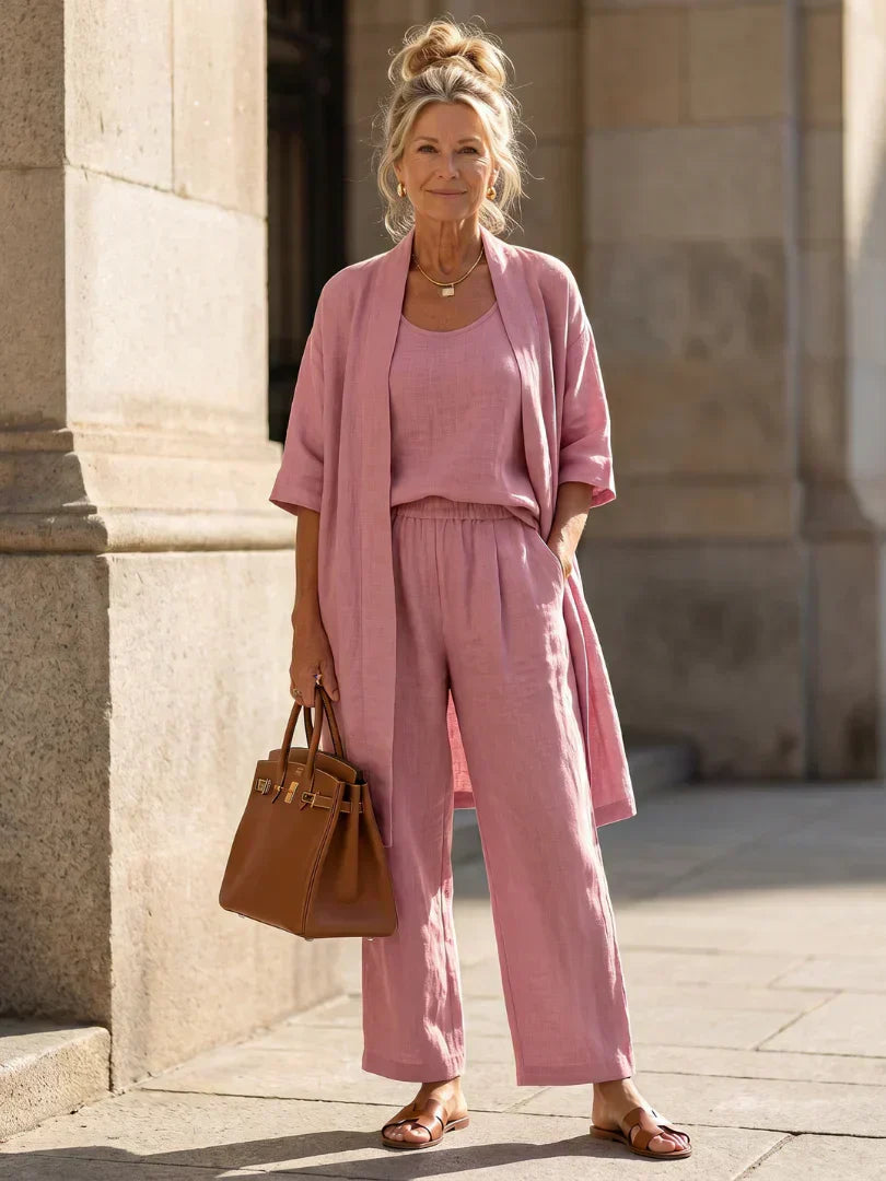 Lorrin™ elegant set in pink: long open short-sleeve outer over top and wide-leg pants
