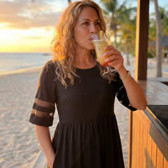 Black midi dress with short sleeves and ruched empire waist, sheer stripe details