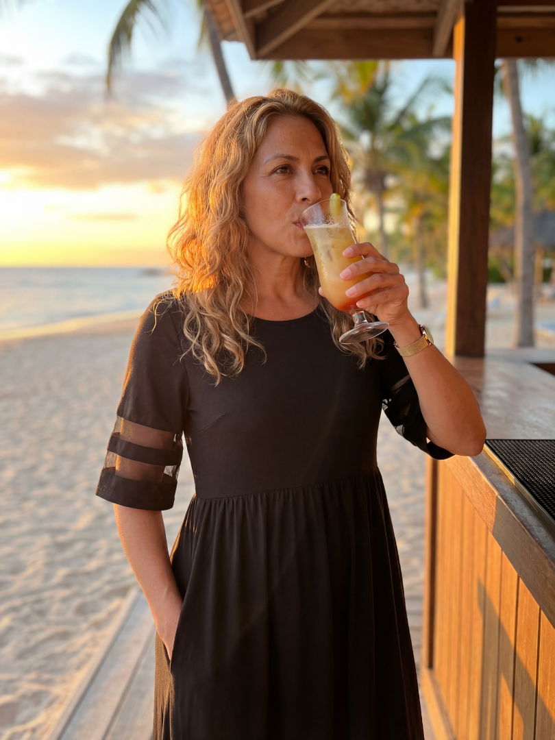 Black midi dress with short sleeves and ruched empire waist, sheer stripe details