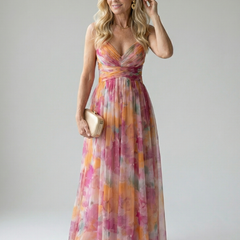 Soft wrap maxi dress with pink, orange and yellow watercolor print, sleeveless V-neck