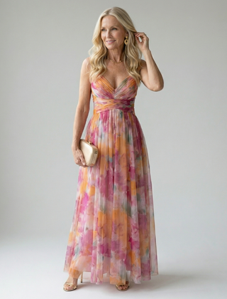 Soft wrap maxi dress with pink, orange and yellow watercolor print, sleeveless V-neck