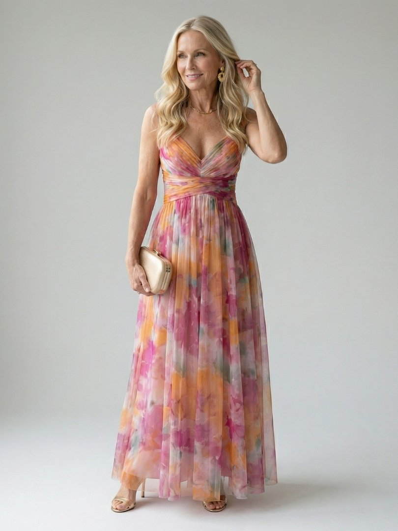 Soft wrap maxi dress with pink, orange and yellow watercolor print, sleeveless V-neck