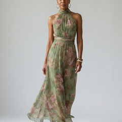 Sage green halter midi dress with gathered waist and pink floral print, full front
