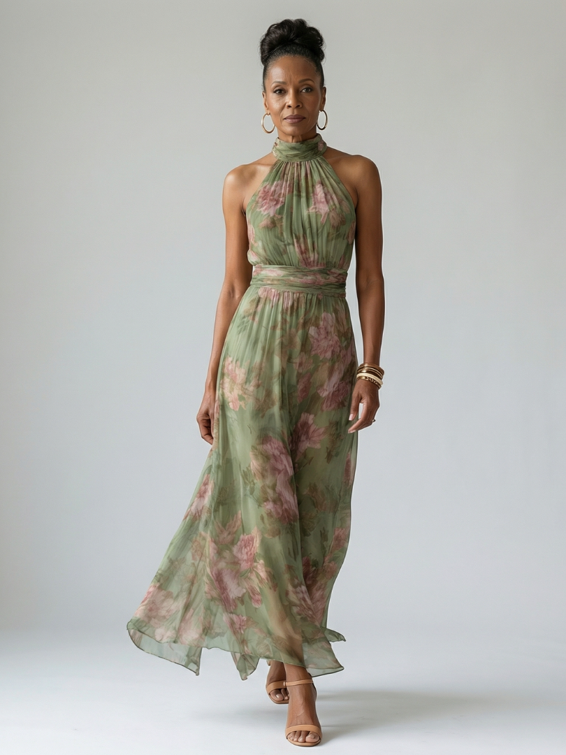 Sage green halter midi dress with gathered waist and pink floral print, full front
