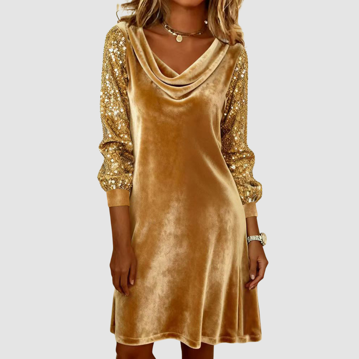 Gold velvet midi dress with draped cowl neckline and sequin mesh sleeves
