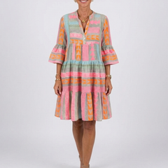 Geometric print V-neck tiered knee-length dress, multicolor pink, orange, teal, gray